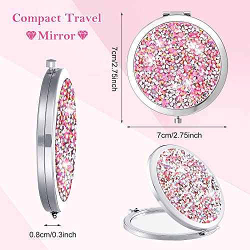 Maitys 16 Pcs Compact Mirror Bulk for Purses Small Cosmetic Folding 2.75 Inch Round Diamond Bling 1X/ 2X Magnifying Pocket Makeup Mirror for Women Wedding Gift, Pink Silver