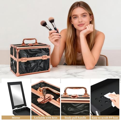 Makeup Train Case with Mirror & 2 Trays, Portable Cosmetic Organizer