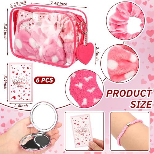 48 Pcs Galentine's Day Gifts Valentine's Pink Gift for Women Include Fluffy Socks Compact Mirrors Makeup Bags Headbands Scrunchies Greeting Cards Heart Keychains Bracelet for Party Supply