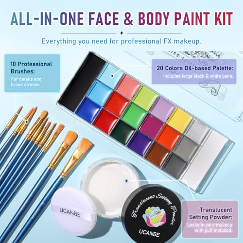 UCANBE 20-Color Face & Body Paint Kit with Brushes & Powder