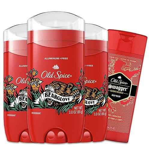 Old Spice Aluminum Free Deodorant for Men, 24/7 Odor Protection, 24/7 Freshness & Lasting Scent, Bearglove Scent, 3.0 oz with Travel Size Swagger Body Wash (Pack of 4)