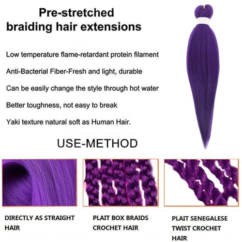 26 Inch Purple Braiding Hair Extensions - Pre-Stretched Synthetic, 4 Packs