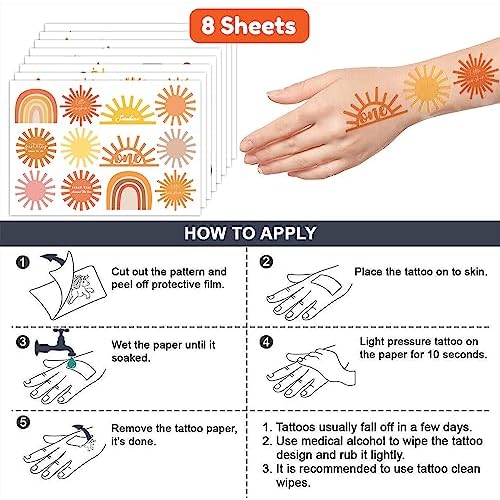 Sun Tattoo Temporary Tattoos Theme Birthday Party Decorations Supplies Favors Cute Stickers 8 Sheets 96 PCS Gifts for Kids Boys Girls Classroom Rewards Prizes Christmas