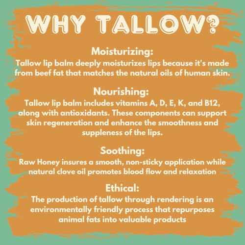 Tallow Lip Balm with Grass-fed and Finished Tallow, Organic Beeswax, Raw Organic Honey and Natural Clove Oil - Handmade With Only 4 Ingredients To Lock In Soothing Moisture (Honey & Clove) - 2 Pack
