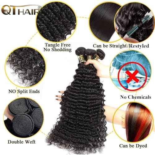 QTHAIR 16A Brazilian Deep Wave Human Hair Bundles 100% Unprocessed Virgin Remy Hair Deep Curly Weave 3 Bundles Extensions for Black Women Natural Color 18 20 22INCH