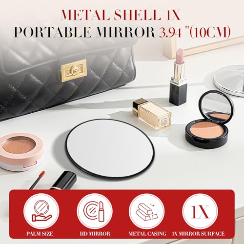Retro metal compact travel mirror 1x magnification compact portable foldable, used as a compact magnifying glass for wallets and pockets, distortion free folding portable compact mirror (Black)