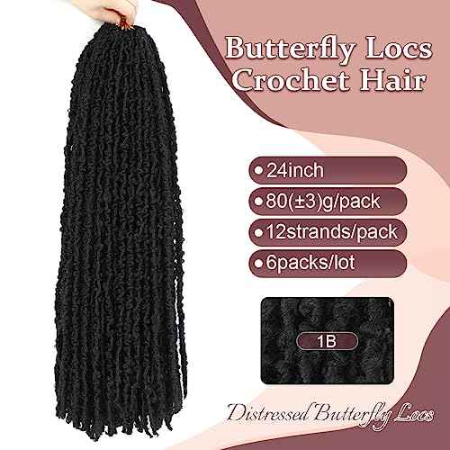 24 inch Butterfly Locs Crochet Hair Pre Looped Distressed Faux Locs Crochet Hair for Black Women 6 Packs Butterfly Soft Locs Natural Hair Extension(24inch,1B)