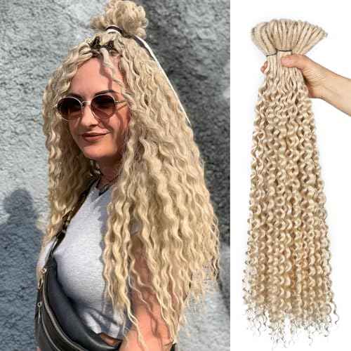 WIGER Full Set Double Ended Platinum Blonde Curly Dreads Extension for Women DE Blonde Wavy Dreadlock Handmade Synthetic Soft Dreadlock Crochet Hair (50 Strands Curly Dreads, 613)