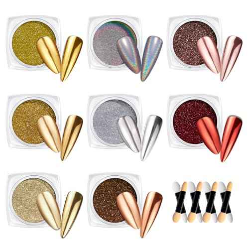Beetles Gold Chrome Nail Powder Set - 8 Colors Sliver Holographic Mirror Effect Iridescent Golden Red Brown Glitter Metallic Nail Polish Chrome for Nail Art Design