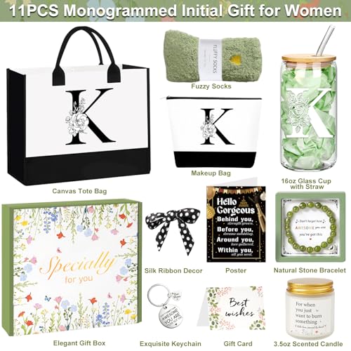 Birthday Gifts for Women, Personalized Mother¡¯s Day Gift for Women, Monogrammed Initial Gift for Her Teacher Wife Mom Friend Daughter Sister Girlfriend, Initial Tote Bag & Makeup bag (K)