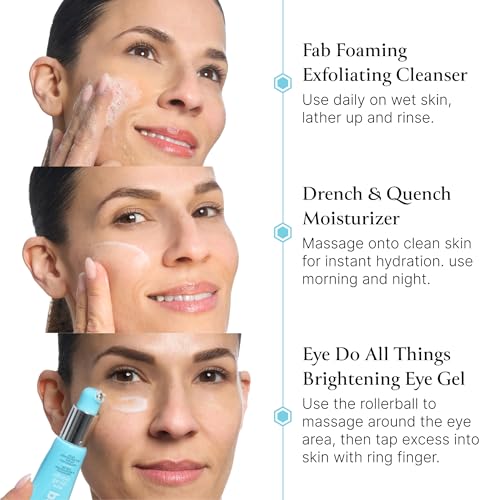 Bliss Essentials Skincare Kit - Eye Do All Things Hydrating Eye Gel, Drench & Quench Hyaluronic Acid Face Moisturizer & 2-in-1 Foaming Facial Cleanser and Exfoliator