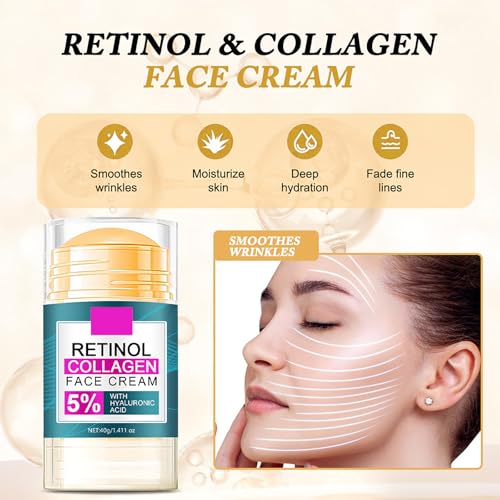 Retinol Collagen Face Cream with 5% Hyaluronic Acid - Anti-Aging Face Moisturizer Stick for Women Fade Lines Firming & Tightening Facial and Neck - Hydrating Face Stick for All Skin Types, 1.41 oz