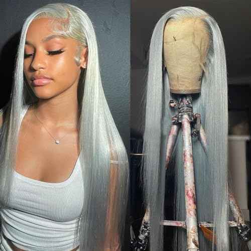 Long Gray Synthetic Lace Front Wigs Glueless Pre Plucked Heat Resistant Fiber Hair Straight Lace Front Wigs for Black Women 13 * 6 Frontal Lace Wigs