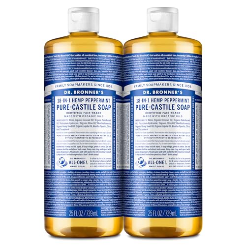 Dr. Bronner’s - Pure-Castile Liquid Soap (Peppermint, 25 ounce) - Made with Organic Oils, 18-in-1 Uses: Face, Body, Hair, Laundry, Pets and Dishes, Concentrated, Vegan, Non-GMO (2-Pack)