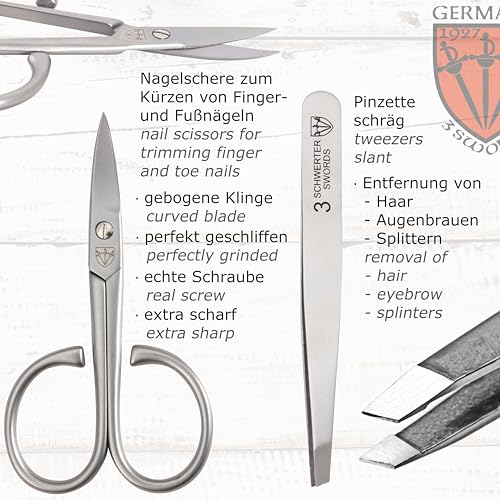 3 Swords Germany - brand quality 3 piece stainless steel INOX manicure pedicure grooming kit set for professional finger & toe nail care scissors file tweezers genuine leather case in gift box (03881)