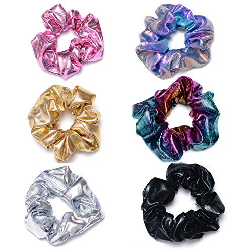 ACCGLORY Shiny Scrunchies Metallic Tone Hair Bands Elastic Hair Ties Set Glitter Ponytail Holder Soft Scrunchy for Women(6 Pack Hair Scrunchies)