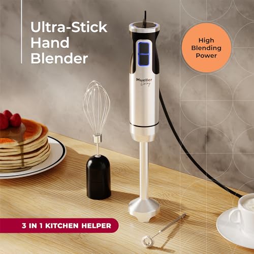 Mueller Immersion Blender Handheld - 8 Speed Stainless Steel Electric Hand Blender, 3 in 1 Emulsion Blender Handheld with Turbo Mode, Stick Blender Emulsifier for Kitchen for Soup, Smoothie, Puree