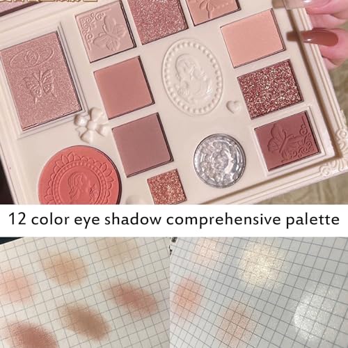 Lace 12 Color Eyeshadow Palette, Blendable Shimmer and Matte Nudes Shades, All In One Makeup Blush Highlighter, Pink