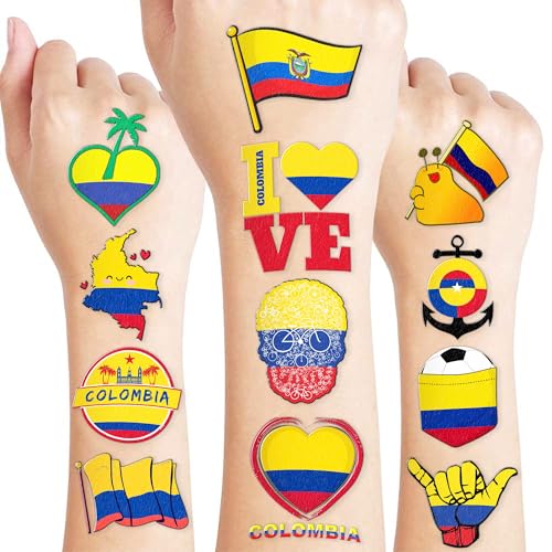 100PCs Colombia Temporary Tattoos Colombia Independence Birthday Party Decorations Favors Supplies Flag Themed Cute Stickers 10 Sheets Gifts for Baby Kids Girls Boys Class School Carnival Christmas
