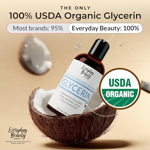 Everyday Beauty 100% Organic Glycerin - USDA Certified - Perfect for DIY Beauty Products, Crafts, and Formulations - Derived From Coconut - Skin and Hair Moisturizer for Deep Hydration - 8 Fl Oz