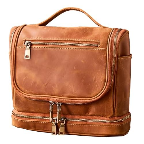 EURYNOME Travel Toiletry Bag For Men, Genuine Leather Shaving Dopp Kit Bottom Storage Holds More (11x8.6x4.7)-Mens Toiletry Bag -Leather Makeup Cosmetic Organizer Kit - Men Travel Toiletries Bag