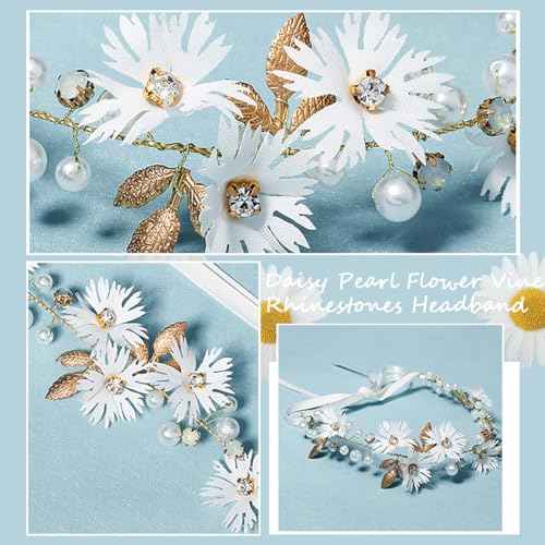 2 PCS Daisy Pearl Flower Vine Rhinestones Headband, Flower Headband Floral Hair Wreath Headpiece for Bridal Women Girls Hippie Wedding Party