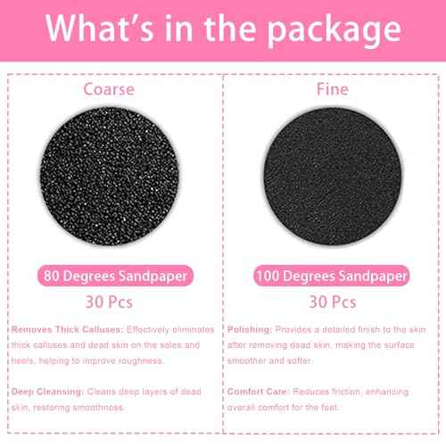60 Pcs Sandpaper Set 1.7'' x 1.7'' for Electric Foot Callus Remover,Pedicure Disc,Sander Discs Replace Set - 1 Box (30 Fine Grit and 30 Coarse Grit)