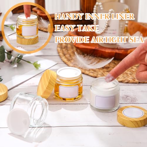 Layhit 64 Pcs 2oz/ 60ml Glass Jars with Lids Clear Small Jars with Plastic Woodgrain Lids, White Labels and Inner Liners Empty Round Cosmetic Containers for Creams Lotions Candle Making (Clear)