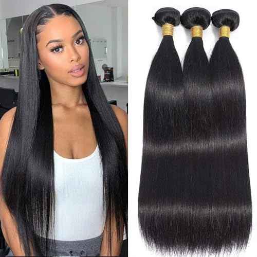 Straight Bundles Human Hair 20 20 20 Inch Human Hair Bundles Brazilian Straight Bundles 100% Unprocessed Virgin Hair Weave Bundles Human Hair Extension for Women Natural Color
