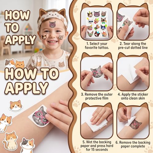 96 Cute Cat Temporary Tattoos - 8 Sheets Party Favors