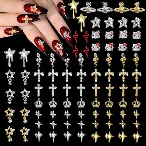 88 Pcs Silver Gold Nail Charms and Gems,Luxury Zircon Kitty cat Nail Crown Planet Snake Star Cross Nail Charms Rhinestones Alloy Nail Decoration 3D Nail Charms Y2k for Nail Art DIY Jewel Accessories