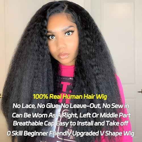 V Part Wig Human Hair Kinky Straight Vpart Human Hair Wig 16 Inch Upgrade U Part Wig Yaki Straight Clip in Half Wigs for Black Women Glueless No Leave Out 180% Density Natural Color