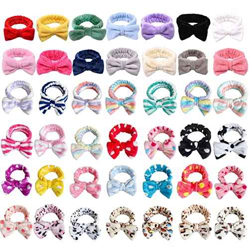 42 Pcs Cute Fluffy Bow Headbands - Adjustable Spa Makeup Headbands for Women, Girls, Gifts, Yoga, Sports