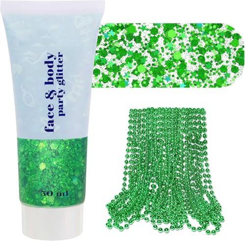 Green Glitter & Beaded Necklace Set - 10 PC St Patrick's Day Accessories