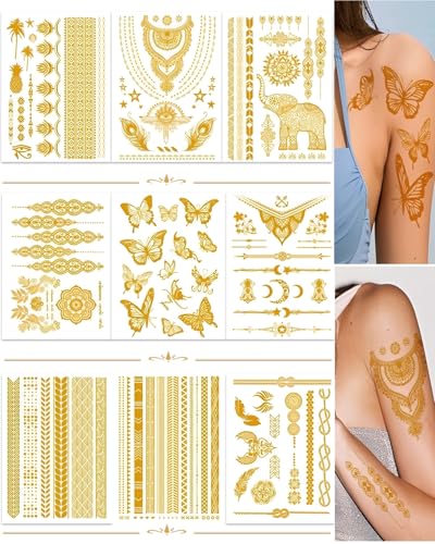 9 Sheets Gold Metallic Temporary Tattoos | 150+ Designs