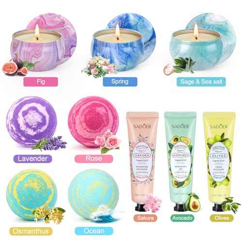 Bath Bombs for Women Gift Set - 4 Large Bath Bombs + 3 Scented Candles + 3 Hand Lotions, Handmade Moisturizing SPA Gift Baskets Fizzy Bath Bomb, Ideal Gift for Mother's Day, Birthday,Valentine's Day