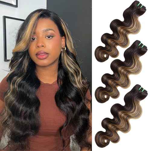 13A Double Drawn Honey Blonde Highlight FB27 Bundles 16 18 20 Inch Body Wave Human Hair, Black With Honey Brown Highlight Raw Human Hair 3 Bundles Unprocessed F1B/27 Ombre Sew In Extension
