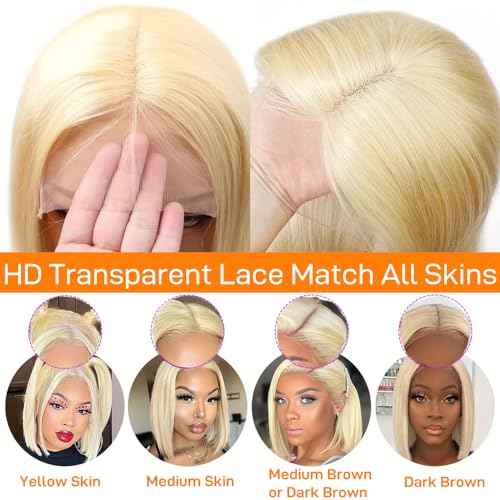 SKYDO 613 Blonde Bob Wig Human Hair 13x4 HD Lace Front Wigs Human Hair Pre Plucked Hairline with Baby Hair 180 Density Blonde Wig Human Hair Glueless Bob Wigs for Women 14inch