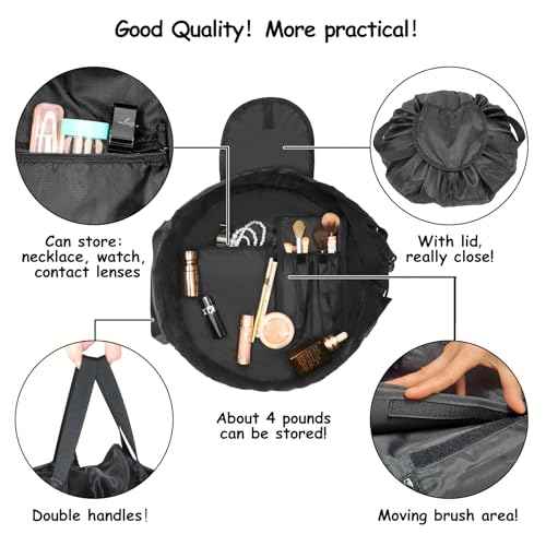 Drawstring Makeup Bag Open Flat ? Barrel Drawstring Cosmetic Bag for Women Toiletry Bag for Travel with Brush Bag (Black)