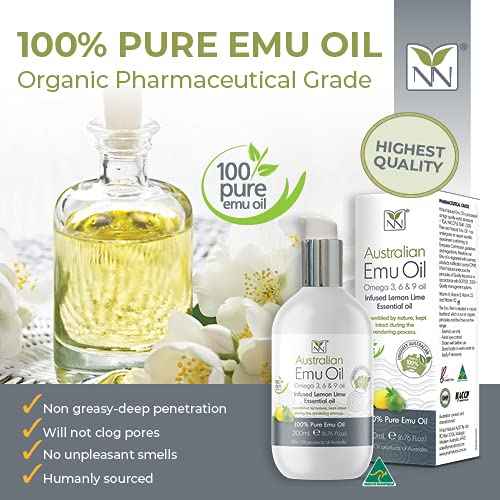 Y Not Natural Emu Oil Pure Skin Moisturizer - Nail, Body, Face, Scalp & Hair Moisturizer with Omega 3, 6, 9, Vitamins, & Minerals - Australian Emu Oil for Skincare 200 mL, Lemon Lime