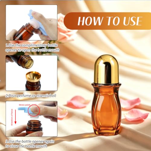 50ml Rose Quartz Amber Glass Roller Bottle Set - Empty Leakproof 2 Pack with Funnel & Opener