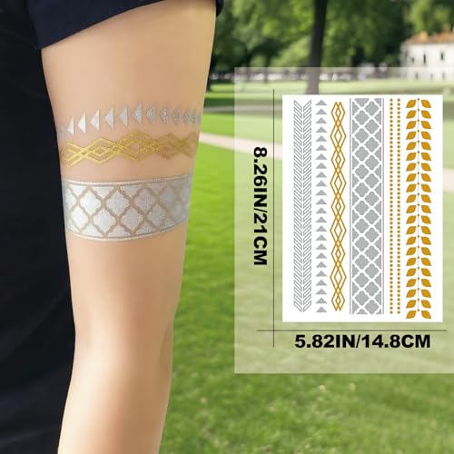 Aresvns Waterproof Metallic Temporary Tattoo,Gold Boho Snake Tattoos, 8 Sheets Gold Silver Fake Tattoos for Women Teen Girls