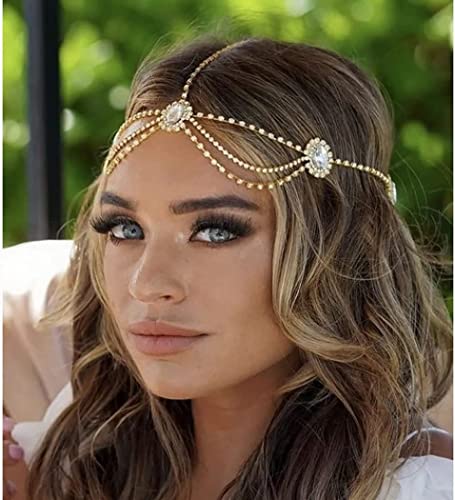 E EMZHOLE Crystal Bridal Head Chain Silver Layered Bride Headpiece Tassel Rhinestone Headband Hair Piece Festival Sparking Wedding Hair Accessories for Women Girls Bride (Gold)