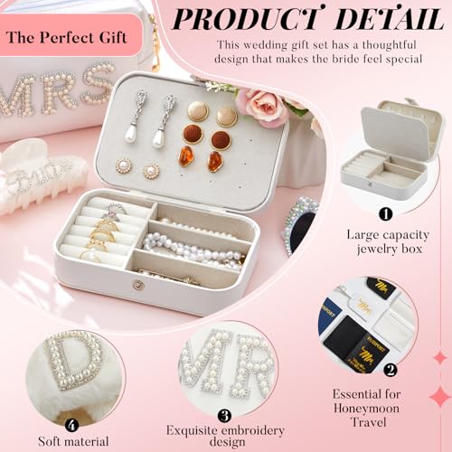 14 Pcs Bridal Shower Gifts Set Including Mrs Mr Travel Passport Tag Tote Cosmetic Bag Jewelry Box Claw Hair Clip Hair Tie Heart Sunglasses for Honeymoon Wedding Supplies(Women 9-10)