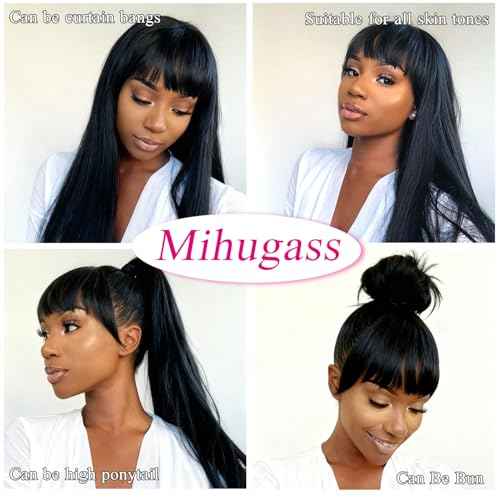 2x4 Lace Front Wigs With Bangs Human Hair Lace Closure Wig 200% Density Brazilian Virgin Hair Glueless Wig Natural Black Color(10 Inch)