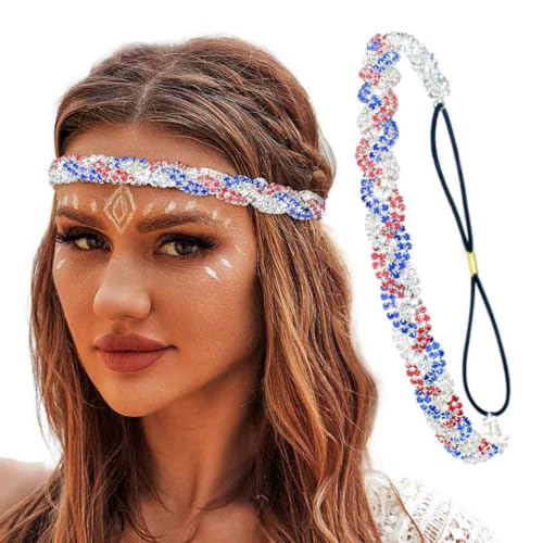 Fstrend Elastic Crystal Hairbands Rhinestone Headband Multicolors Boho Sparkle Head Chain Headpieces for Women (Red A)