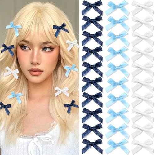 30PCS Navy Blue Mini Hair Bows Small Blue Bows for Hair Silky Satin Bows for Women Cute Hair Ribbon Bowknot Barrettes Sweet Alligator Hair Bow Clips Accessories for Teens and Girls