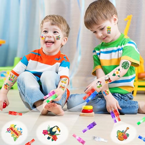 72 PCS Hawaiian Party Favors ? 48 PCS Luminous Tattoos & 24 PCS LED Finger Lights Combo ? Birthday Goodie Bag Fillers, Party Supplies, Gifts Light Up Toys Glow In The Dark for Boys and Girls