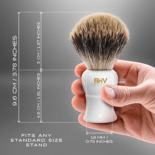 BRV MEN Pure Badger Shaving Brush (19mm knots) - Heavy Resin Handle - Use with Double-Edge Safety Razor, Straight Razor and Shaving Bowl (White)