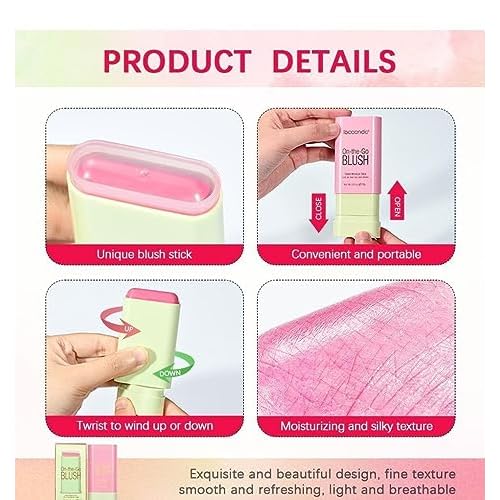 Lovelycat On-the-Go Makeup Blush Stick Tinted Moisture Stick, Shadow Lips Cheek Blusher Creamy Long Lasting Natural Nude for All Skin Natural Waterproof, Long Lasting (Pink)